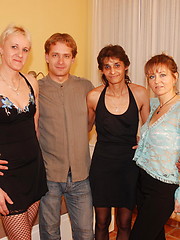 Three older ladies share one hard cock